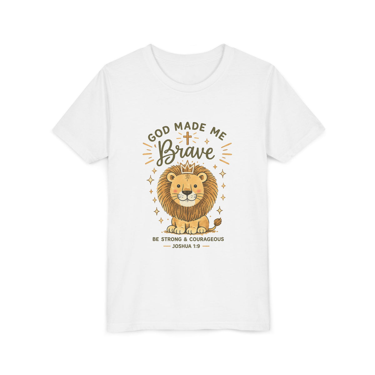 Youth Tee — "God Made Me Brave" Lion Christian Graphic